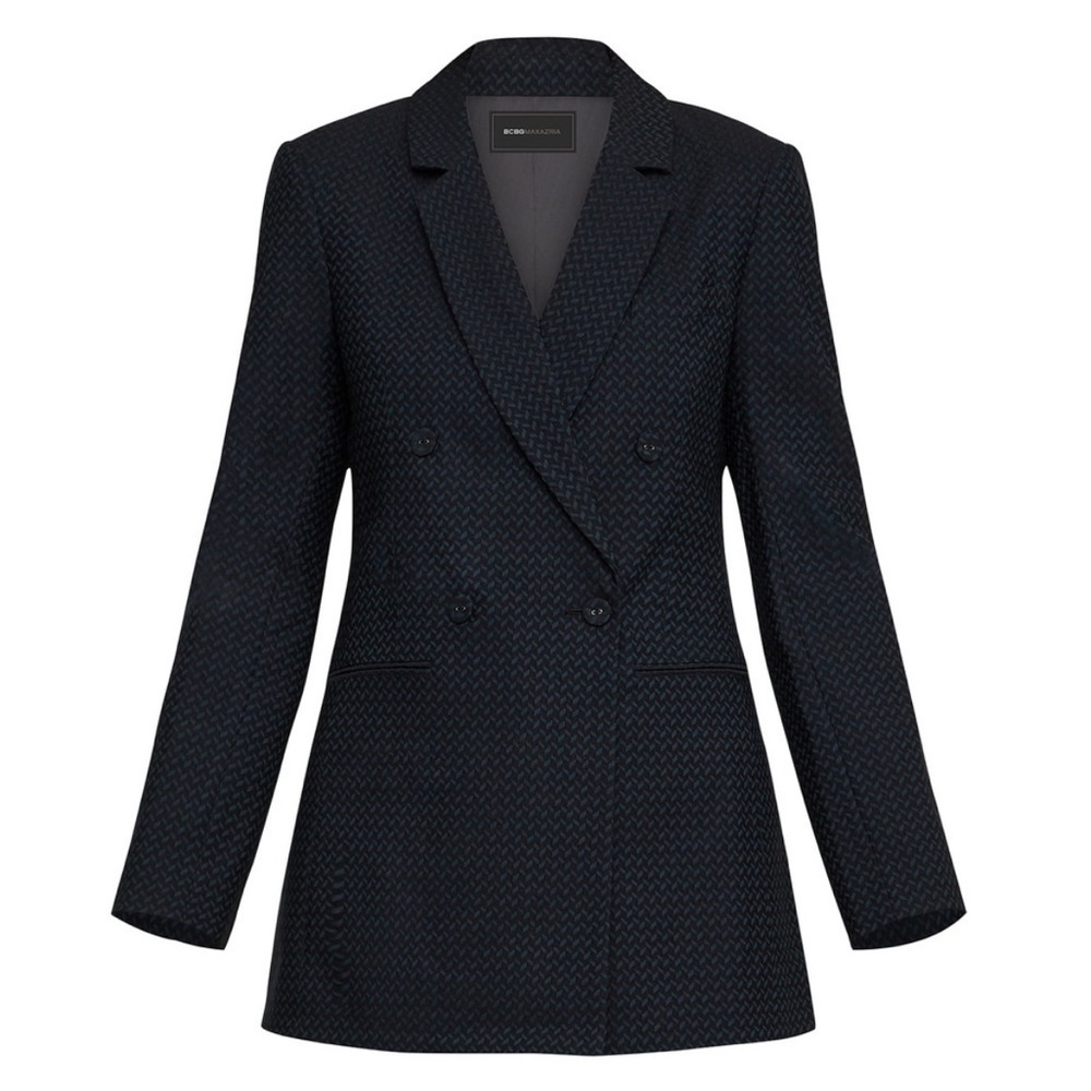 BCBG MaxAzria Double Breasted Blazer Black Emerald Green Structured TQM4238448‎